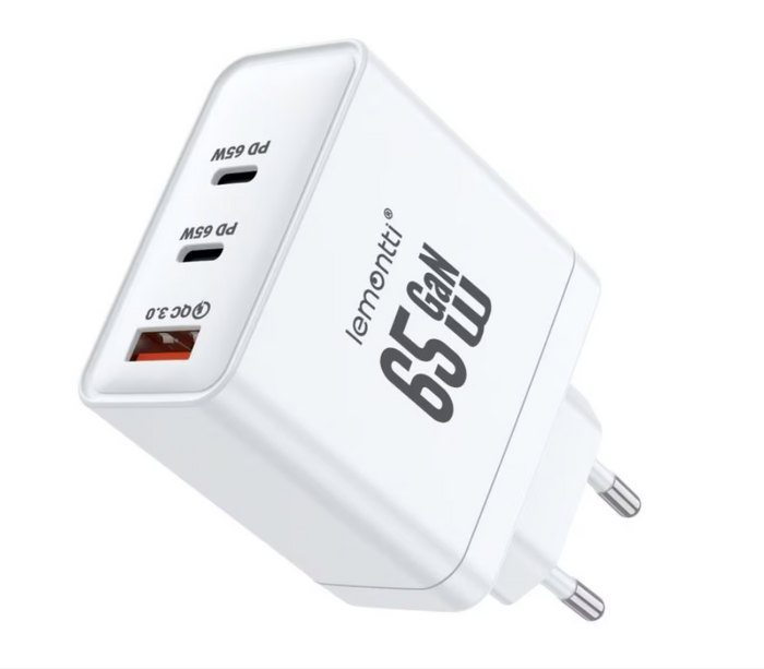 Lemontti Încărcător Rețea GaN 65W 2x USB-C 1x USB-A Fast Charge Alb