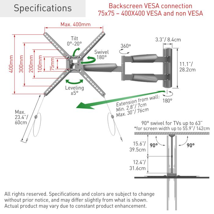Suport TV perete pentru exterior Barkan 4move OD XLong, pentru display-uri cu diagonala 13"-65", suporta pana la 36kg, cu reglare in 4 axe, VESA 75x75 - 400x400, gri