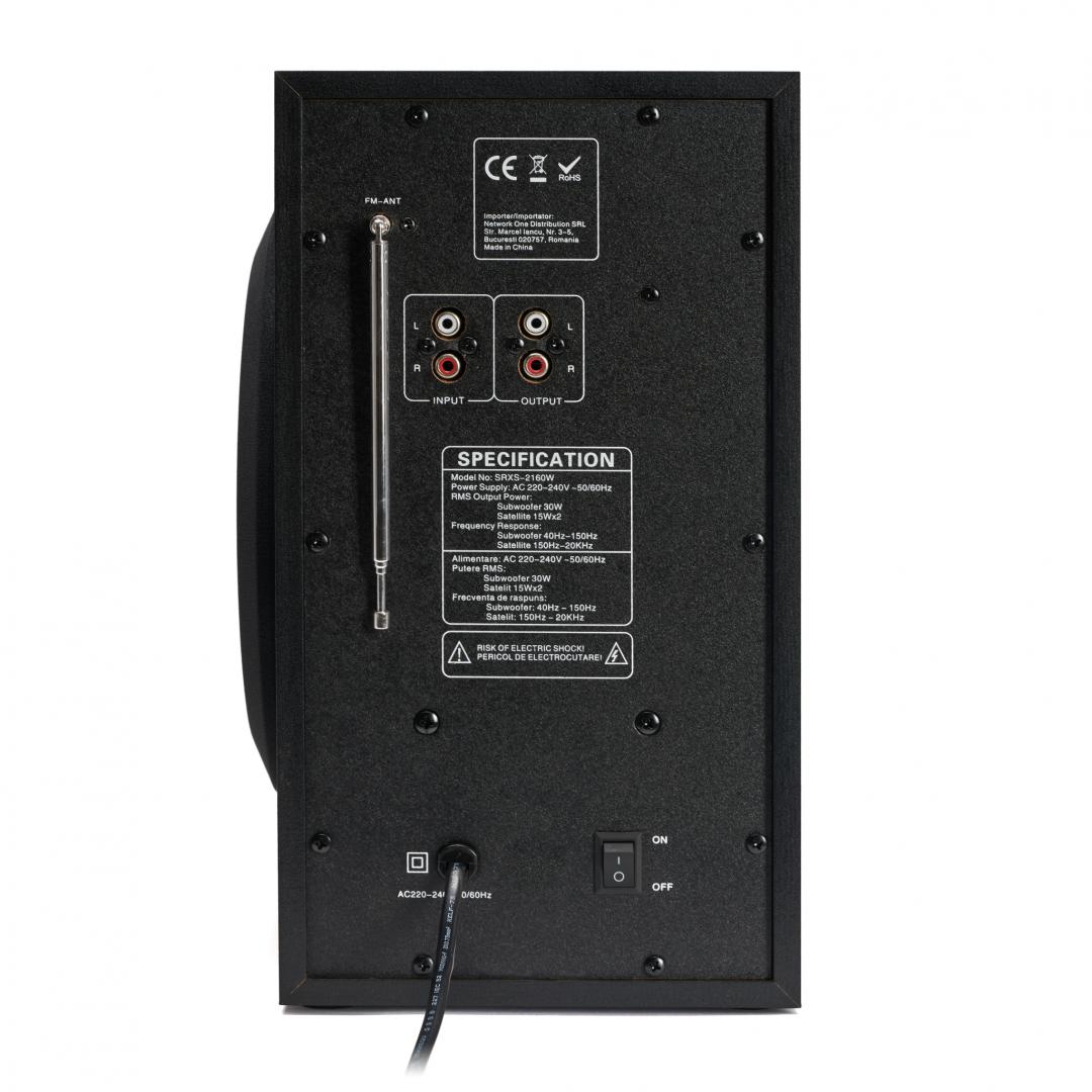 Boxe Serioux 2.1 SoundRise 2160W, putere totala 60W RMS, tip 2.1, sateliti 2 x 15W, subwoofer 30W, Conectivitate: Bluetooth, USB, AUX, SD, Radio FM, negre, SRXS-2160W