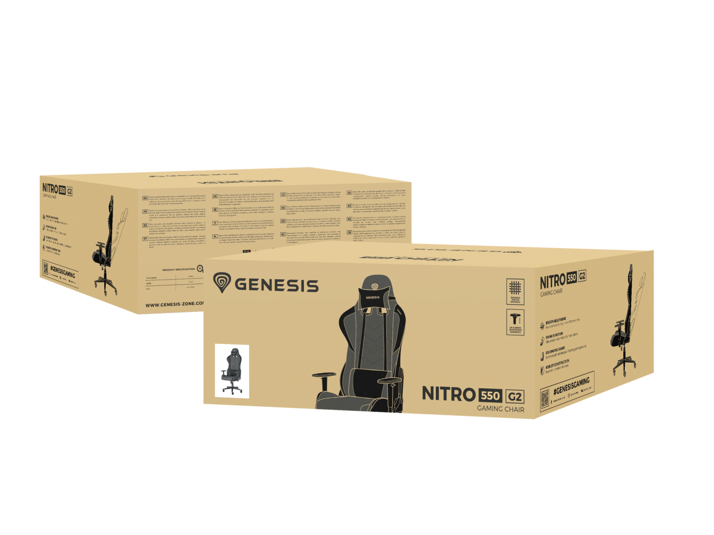 Scaun gaming Genesis Nitro 550 G2, material Synthetic PU + Textil, reglabil pe inaltime, greutate maxima suportata 150 kg, inaltime scaun reglabil 46.5 - 53.5 cm, spatar ajustabil 135°, dimensiuni roti 60mm, gri