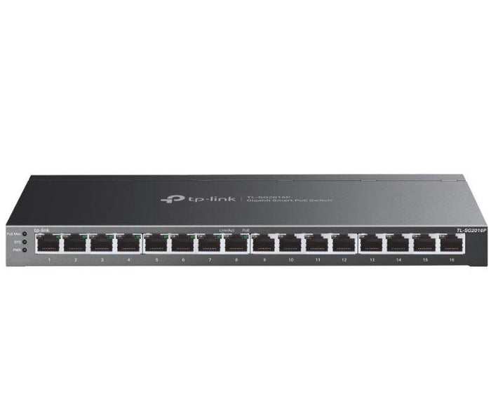 "JetStream™ 16-Port Gigabit Smart Switch with 8-Port PoE+ PORT: 8× Gigabit PoE+ Ports SPEC: 802.3af/at, 120 W PoE Power, Desk