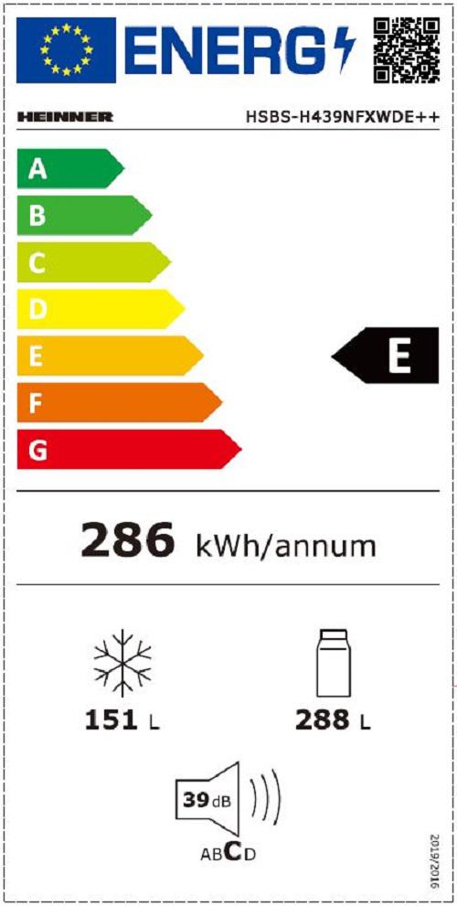 Side by Side HEINNER HSBS-H439NFXWDE++, No Frost, 439 L, Clasa E, Dozator apa, Aspect inox