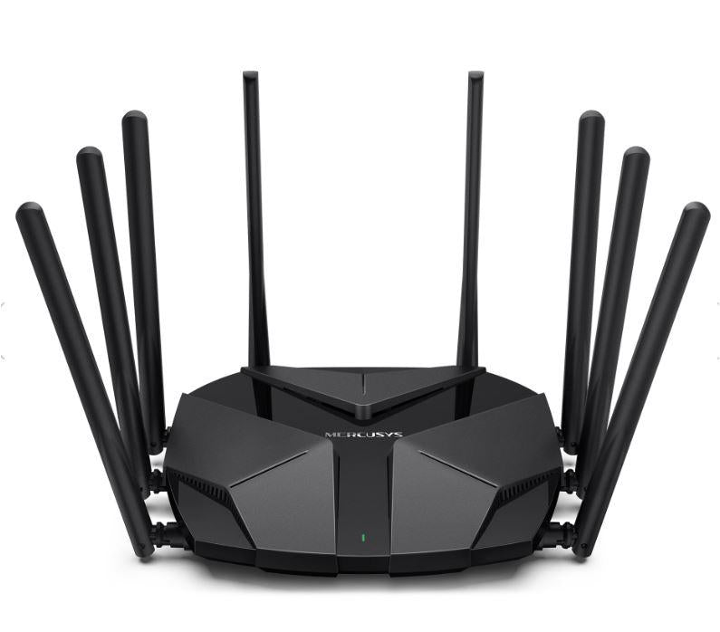 Mercusys MR90X Dual-Band WiFi 6 Router (AX6000), Standarde wireless: Wi-Fi 802.11ax/ac/a/b/g/n , Viteza wireless:  4804 Mbps (5 GHz) + 1148 Mbps (2.4 GHz), Interfata:  1× Port WAN/LAN de 2.5 Gbps + 1× Port WAN/LAN Gigabit + 2× Porturi LAN Gigabit LAN , 8 
