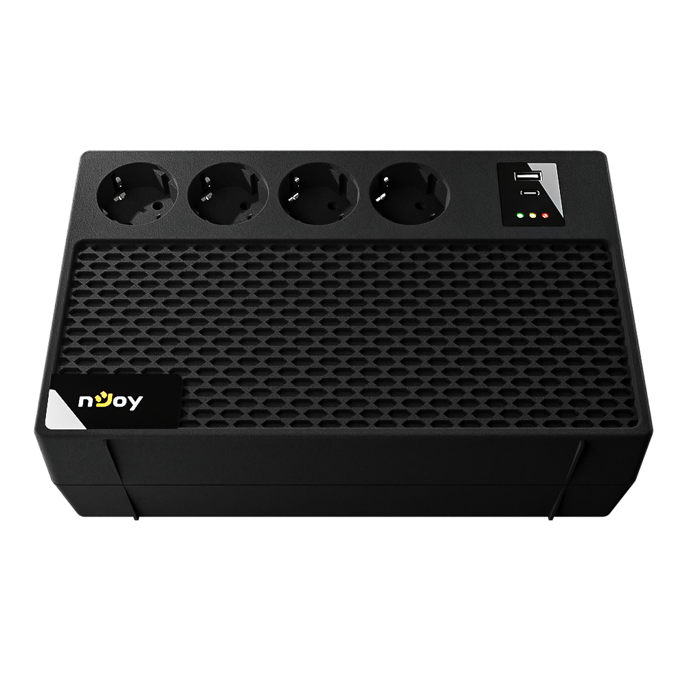 UPS nJoy Renton 650 Plus, 650VA / 360W, 4x prize Schuko conectate la baterie, 1x port incarcare USB Tip C 33W, 1x port de incarcare USB Tip A 18W, fara display LCD, tensiune nominala de intrare 230V  Caracteristici Stabilizator (AVR) de tip Boost and Buck