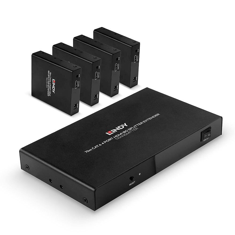 Lindy 70m 4 Port Cat.6 HDMI 4K60 Splitter Extender  Description  Distribute 4K HDMI signals to up to 4 displays in multiple locations Supports resolutions up to 4K@60Hz, with additional support for HDR Features a loop-through HDMI output on the transmitte