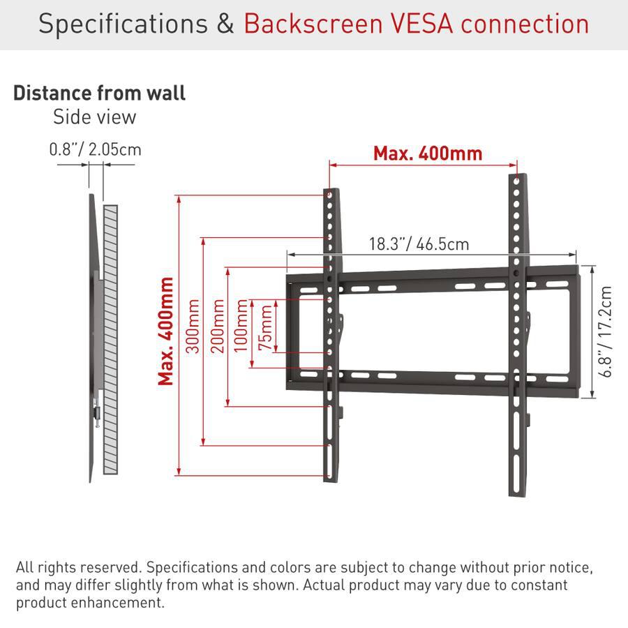 Suport TV de perete Barkan fix, compatiblitate ecran 13-65", greutate maxima suportata 50kg, VESA 75x75~400x400, negru
