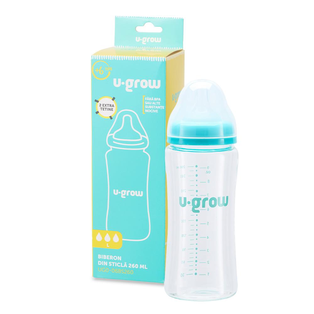 Biberon de sticla 260 ml+2 tetine,U-Grow