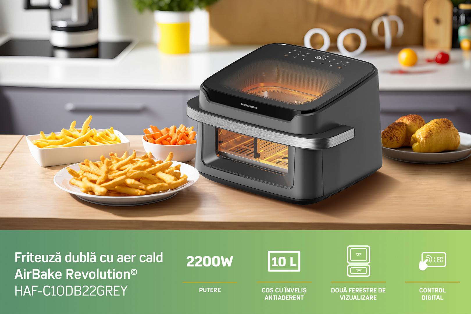 Friteuza Dubla Heinner HAF-C10DB22GREY (friteuza Dubla cu Aer Cald Heinner AirBake Revolution HAF-C10DB22GREY)