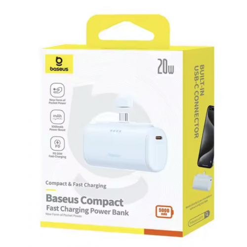 POWER BANK Baseus Compact, capacitate 5000mAh, 20W, 1 x USB Type-C, total 5V/2.4A, albastru, "P10068306313-00" - 6932172659523