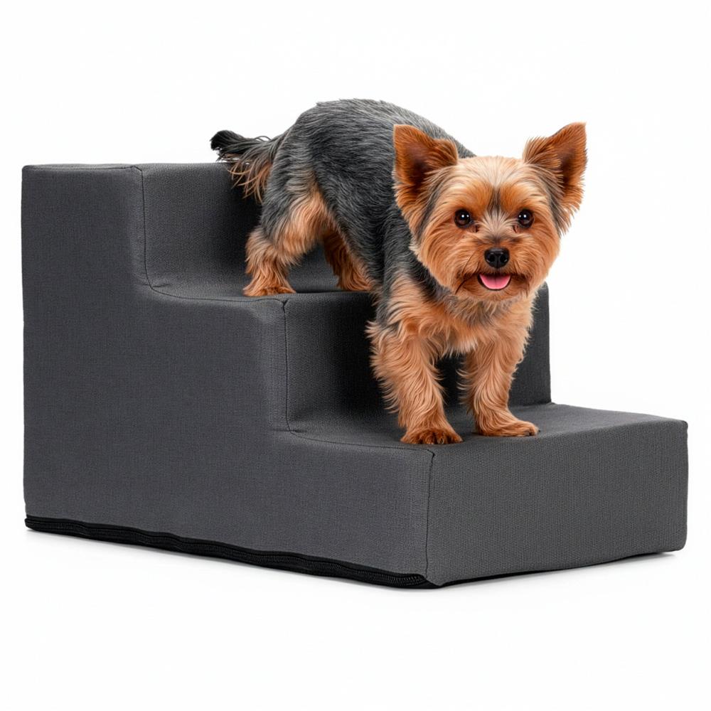 Scara pentru animale de companie, caini sau pisici, 3 trepte, antiderapanta, husa detasabila, inaltime 30 cm, gri inchis