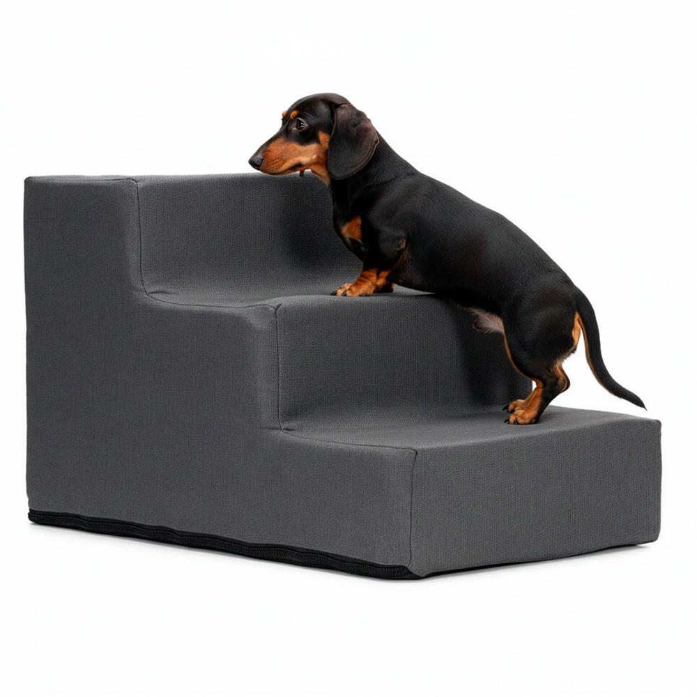 Scara pentru animale de companie, caini sau pisici, 3 trepte, antiderapanta, husa detasabila, inaltime 30 cm, gri inchis