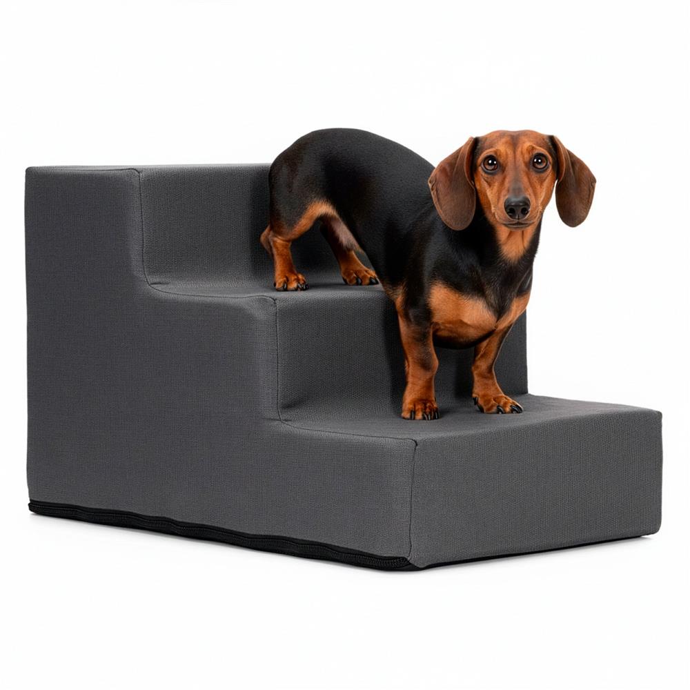Scara pentru animale de companie, caini sau pisici, 3 trepte, antiderapanta, husa detasabila, inaltime 30 cm, gri inchis