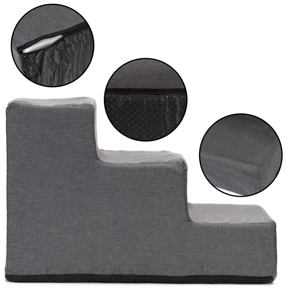 Scara pentru animale de companie, caini sau pisici, 3 trepte, antiderapanta, husa detasabila, inaltime 30 cm, gri inchis