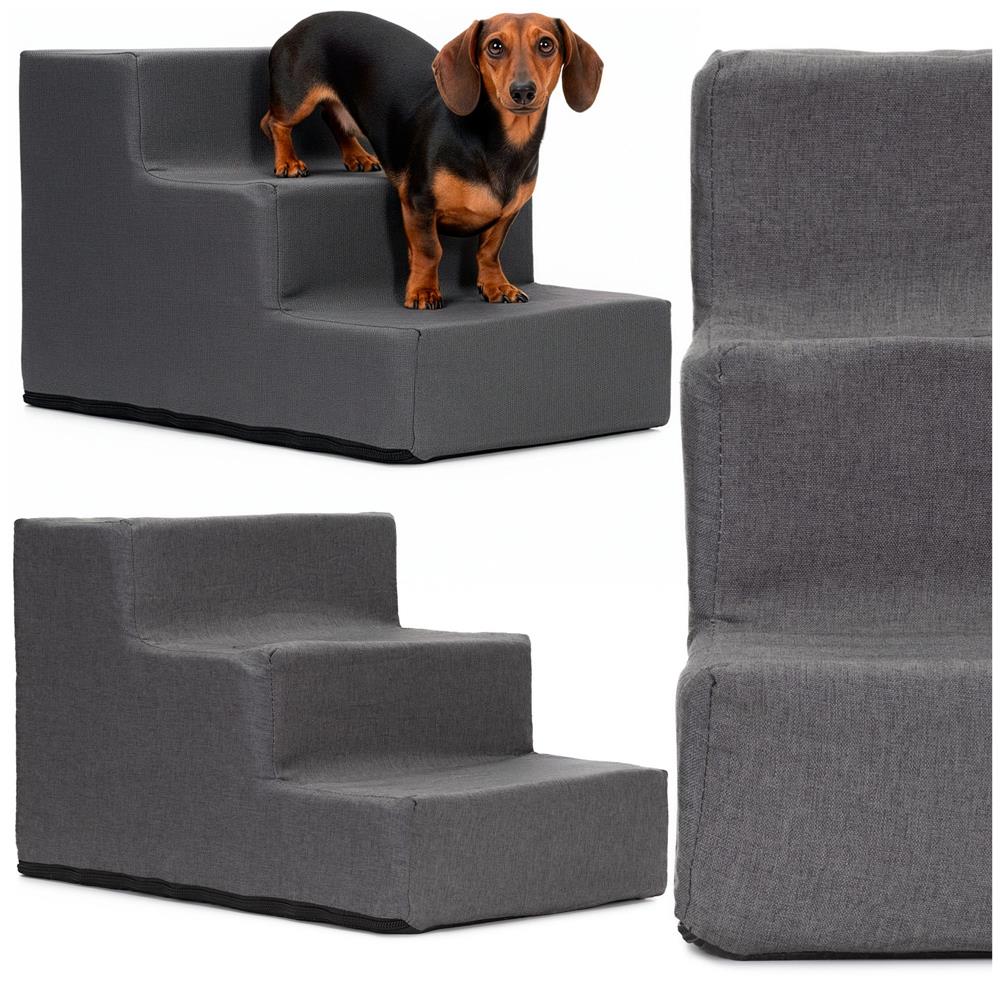Scara pentru animale de companie, caini sau pisici, 3 trepte, antiderapanta, husa detasabila, inaltime 30 cm, gri inchis