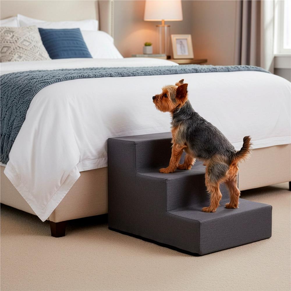 Scara pentru animale de companie, caini sau pisici, 3 trepte, antiderapanta, husa detasabila, inaltime 30 cm, gri inchis