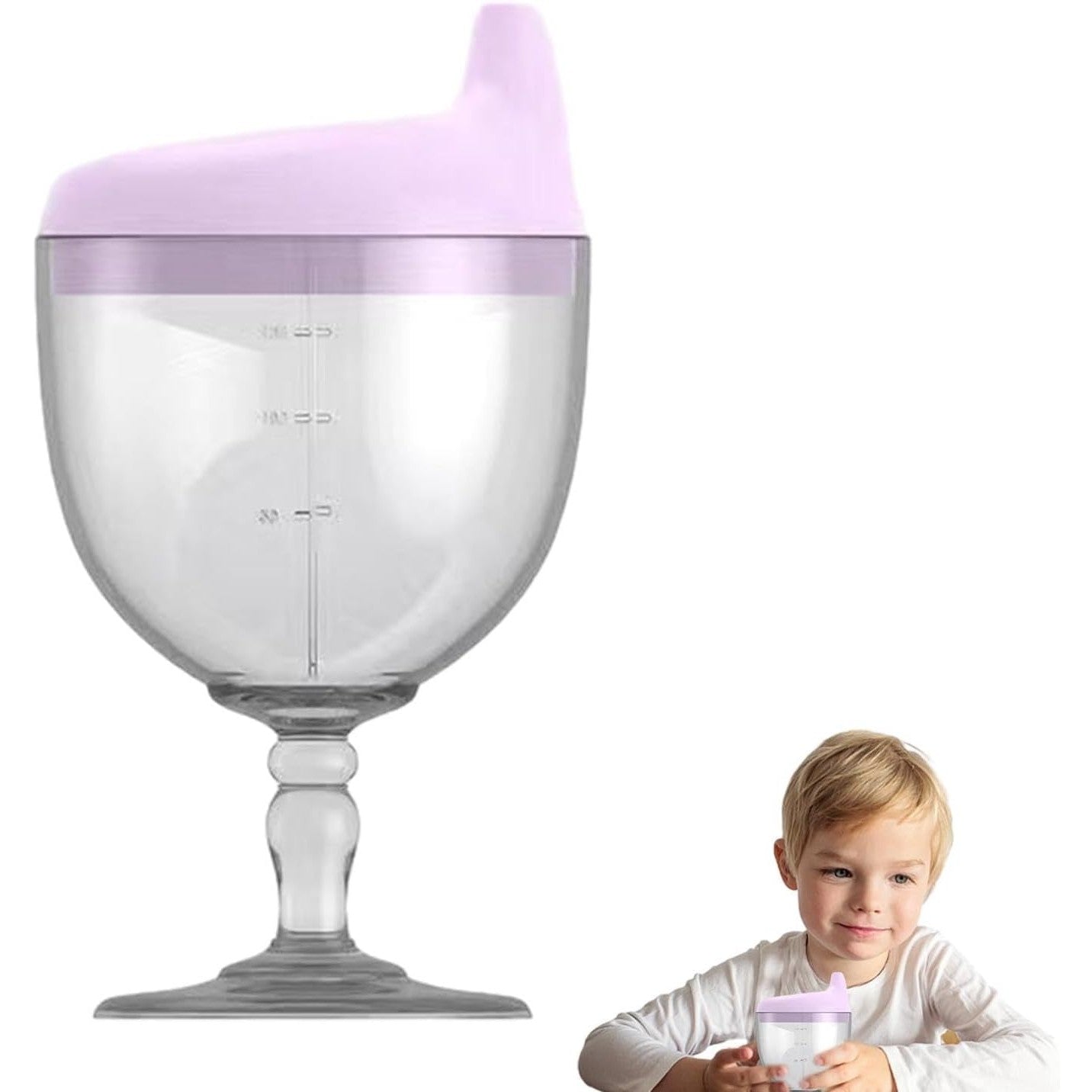 Pahar din Plastic Transparent cu Picior, pentru Copii, 14 x 7.7 cm, cu Cioc Antiscurgere, + 3 Ani, Fara Maner, Mov