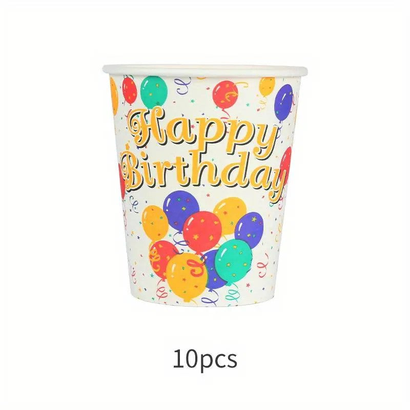 Pahare Cartonate pentru Petreceri, Set 10 Pahare Cartonate pentru Zile de Nastere si Aniversari, Model HAPPY BIRTHDAY, 230 ml, 8.6 x 7.5 cm, Multicolor