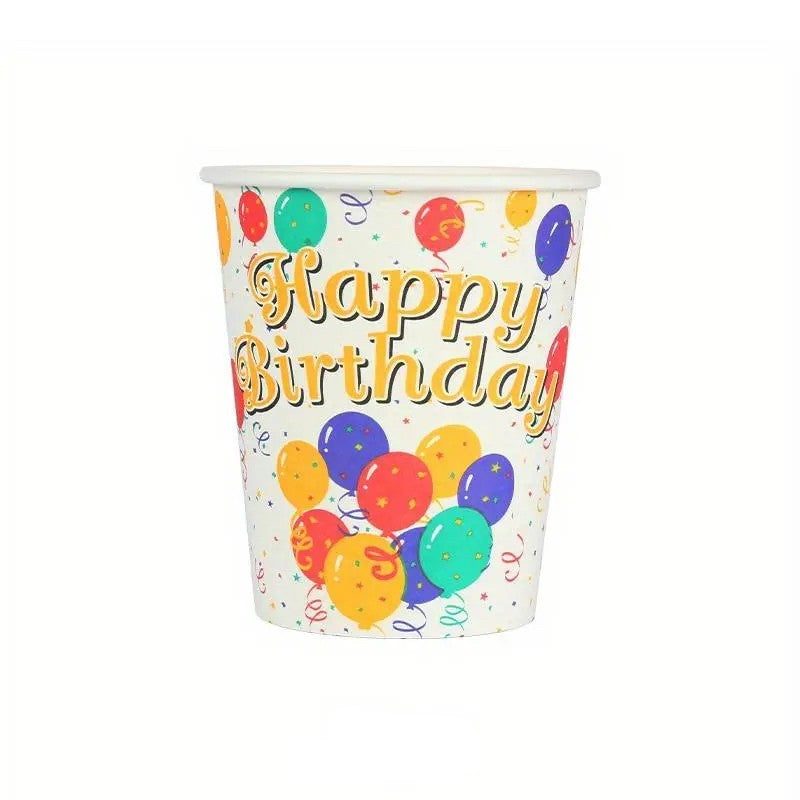 Pahare Cartonate pentru Petreceri, Set 10 Pahare Cartonate pentru Zile de Nastere si Aniversari, Model HAPPY BIRTHDAY, 230 ml, 8.6 x 7.5 cm, Multicolor