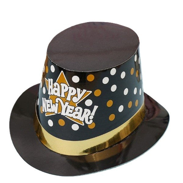 Palarie Tip Lincoln, Model Happy New Year cu Buline, Accesoriu Petrecere de Anul Nou, Marime Universala, din Carton, Negru/Auriu