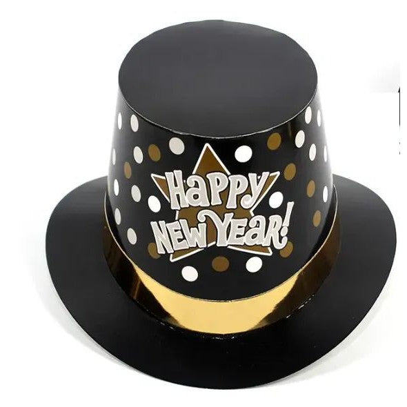 Palarie Tip Lincoln, Model Happy New Year cu Buline, Accesoriu Petrecere de Anul Nou, Marime Universala, din Carton, Negru/Auriu