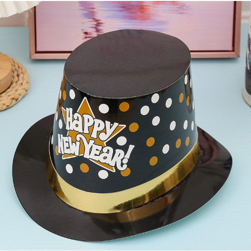 Palarie Tip Lincoln, Model Happy New Year cu Buline, Accesoriu Petrecere de Anul Nou, Marime Universala, din Carton, Negru/Auriu