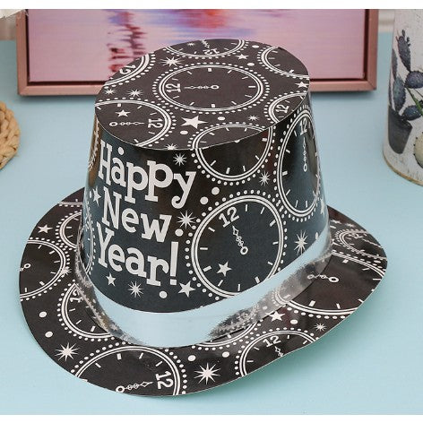 Palarie Tip Lincoln, Model Happy New Year cu Ceasuri, Accesoriu Petrecere de Anul Nou, Marime Universala, din Carton, Negru/Argintiu