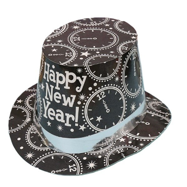 Palarie Tip Lincoln, Model Happy New Year cu Ceasuri, Accesoriu Petrecere de Anul Nou, Marime Universala, din Carton, Negru/Argintiu