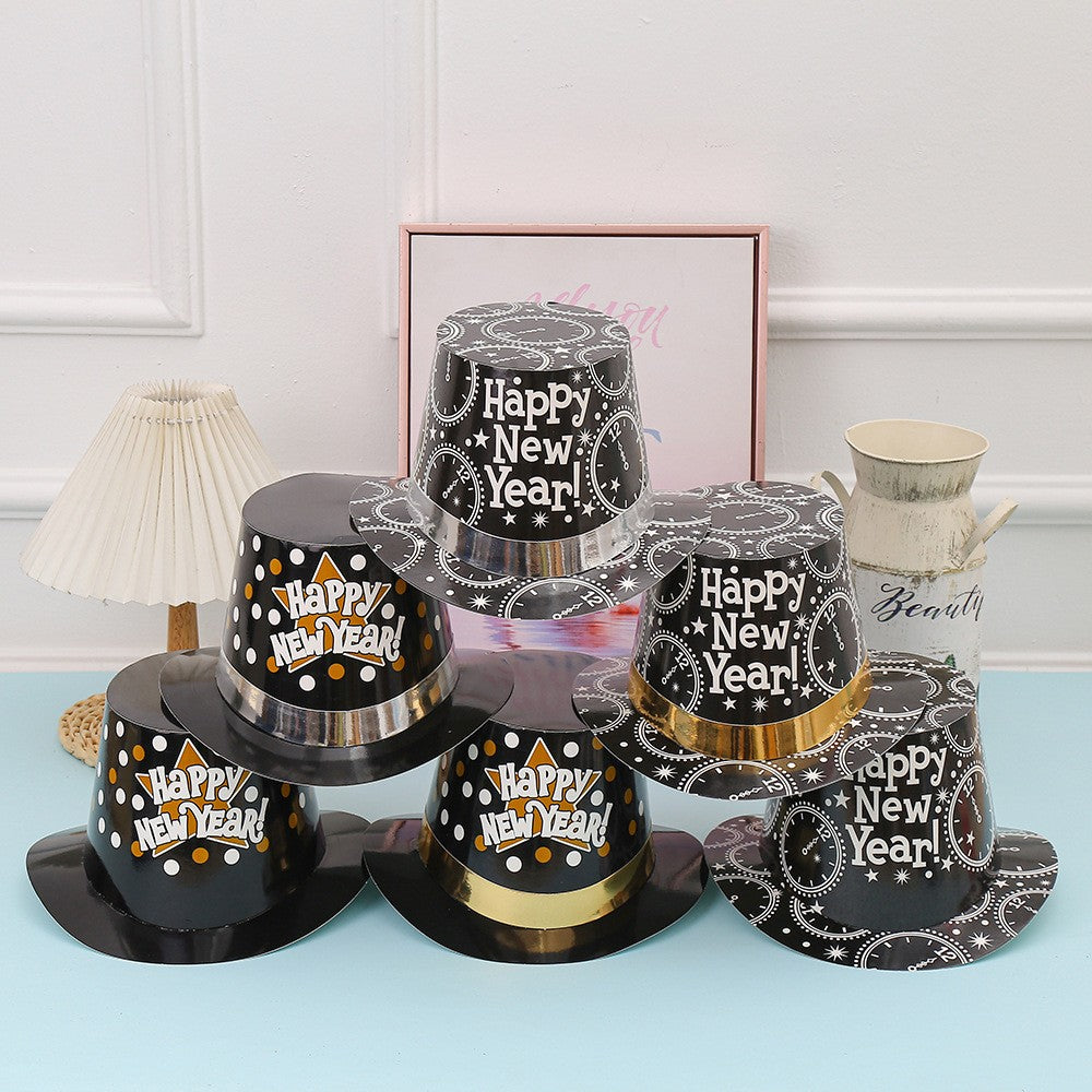 Palarie Tip Lincoln, Model Happy New Year cu Ceasuri, Accesoriu Petrecere de Anul Nou, Marime Universala, din Carton, Negru/Argintiu