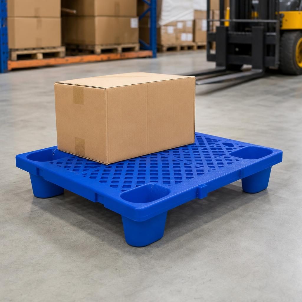 Palet de Transport, 60 x 40 x 12 cm, 4 Picioare, din Plastic durabil, Palet pentru Stivuitor in Depozit, Rezistent la Umiditate, Grila Ingrosata, Albastru