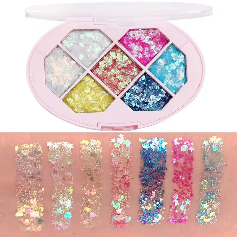 Paleta cu Glitter, Varianta 1, 7 Nuante, Pentru Corp si Par, 50 g, Rezistent la Apa, 9.8 x 6.8 cm, Multicolor