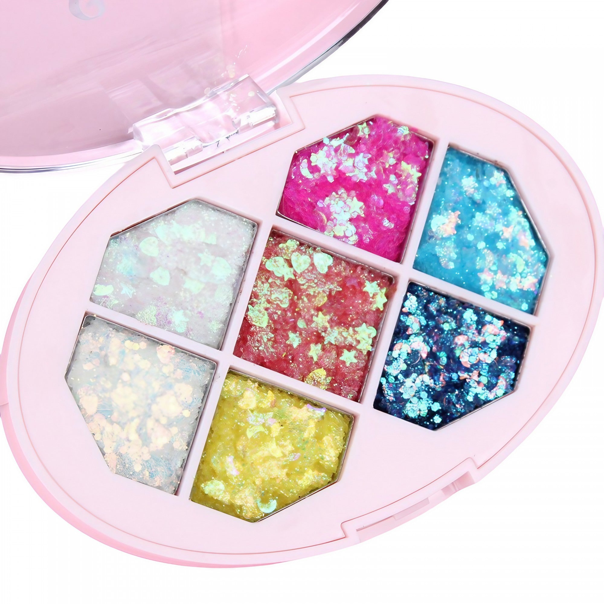 Paleta cu Glitter, Varianta 1, 7 Nuante, Pentru Corp si Par, 50 g, Rezistent la Apa, 9.8 x 6.8 cm, Multicolor