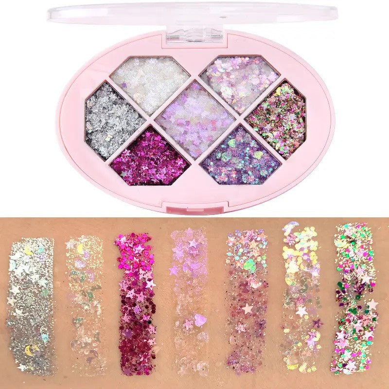 Paleta cu Glitter, Varianta 2, 7 Nuante, Pentru Corp si Par, 50 g, Rezistent la Apa, 9.8 x 6.8 cm, Multicolor