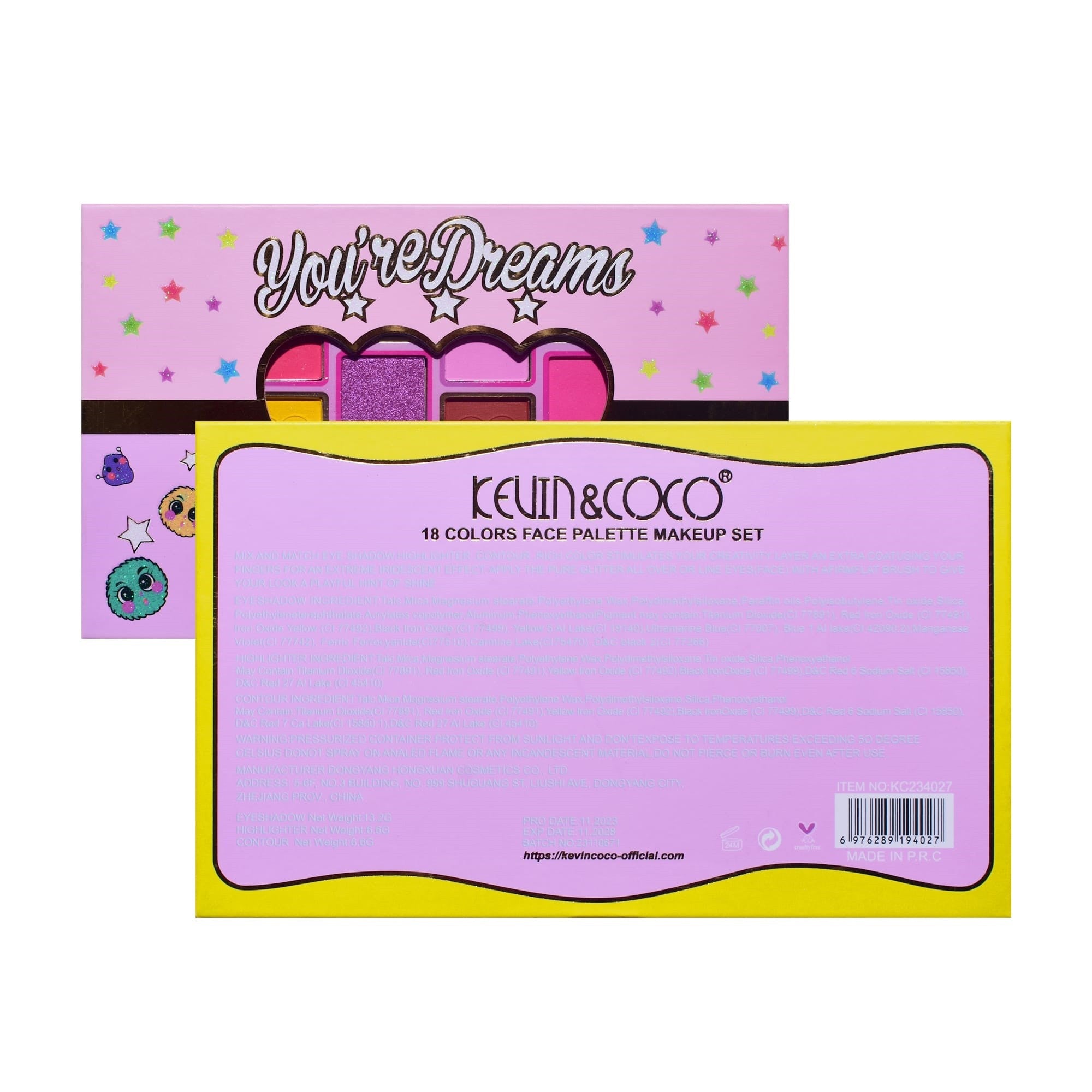Palete de Machiaj, KEVIN & COCO, Candy Star. Fard de Pleoape, 18 culori, 19.3 x 12 x 1.4 cm