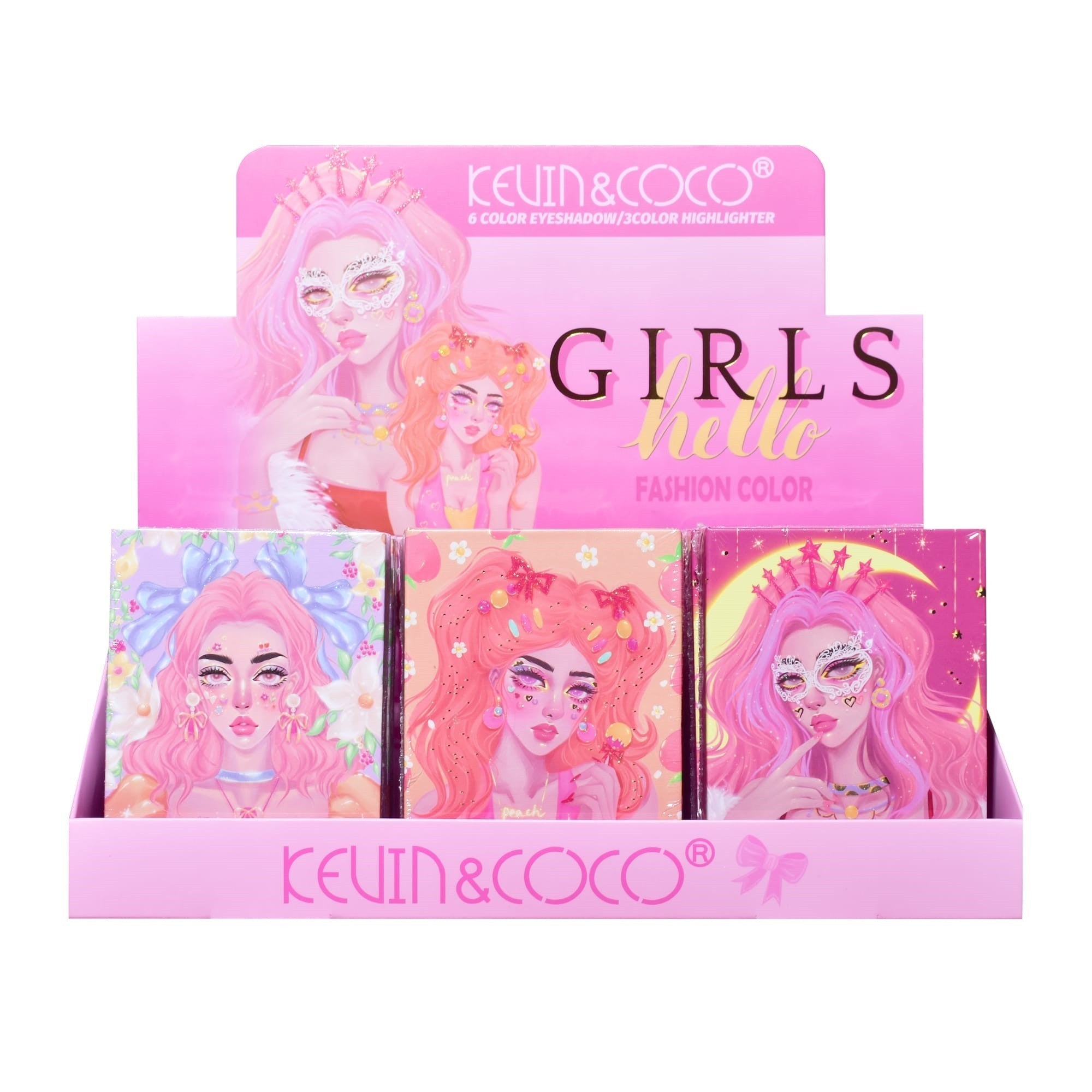 Paleta de Machiaj, KEVIN & COCO, Pink Barbie Girl, Iluminatoare, 3 culori, 11.3 x 8.2 x 1.3 cm