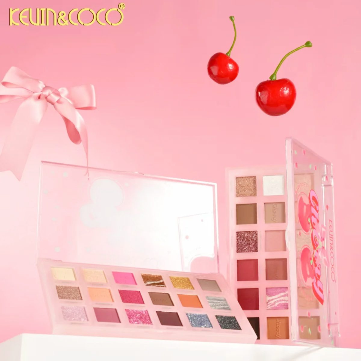 Paleta Farduri de Pleoape, Kevin&Coco, Paleta pentru Machiaj, 18 Nuante, Model Cherry Glam, Mate si Sidefate, 9.9x1.7x17.7 cm, Multicolor