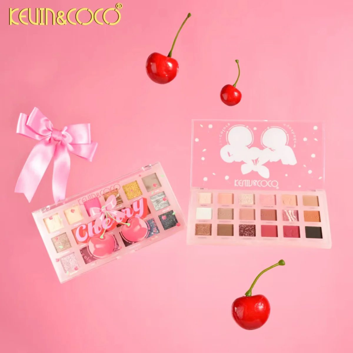 Paleta Farduri de Pleoape, Kevin&Coco, Paleta pentru Machiaj, 18 Nuante, Model Cherry Glam, Mate si Sidefate, 9.9x1.7x17.7 cm, Multicolor