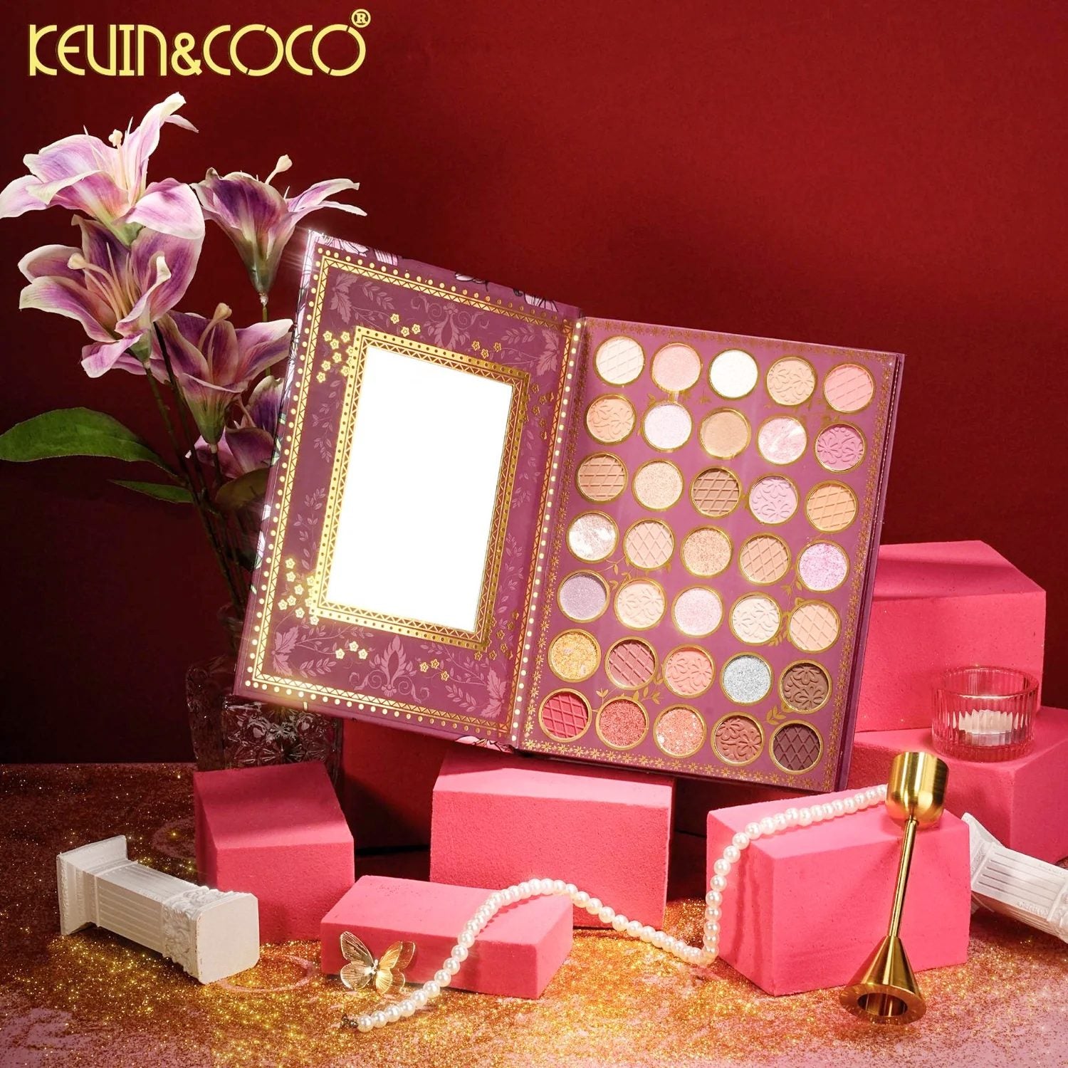 Paleta de Machiaj tip Carte, Kevin&Coco, Model Flowers, 82 Nuante, Paleta All-in-One, Farduri, Blush si Iluminatoare, 16.3x22.4x2.5 cm, Multicolor