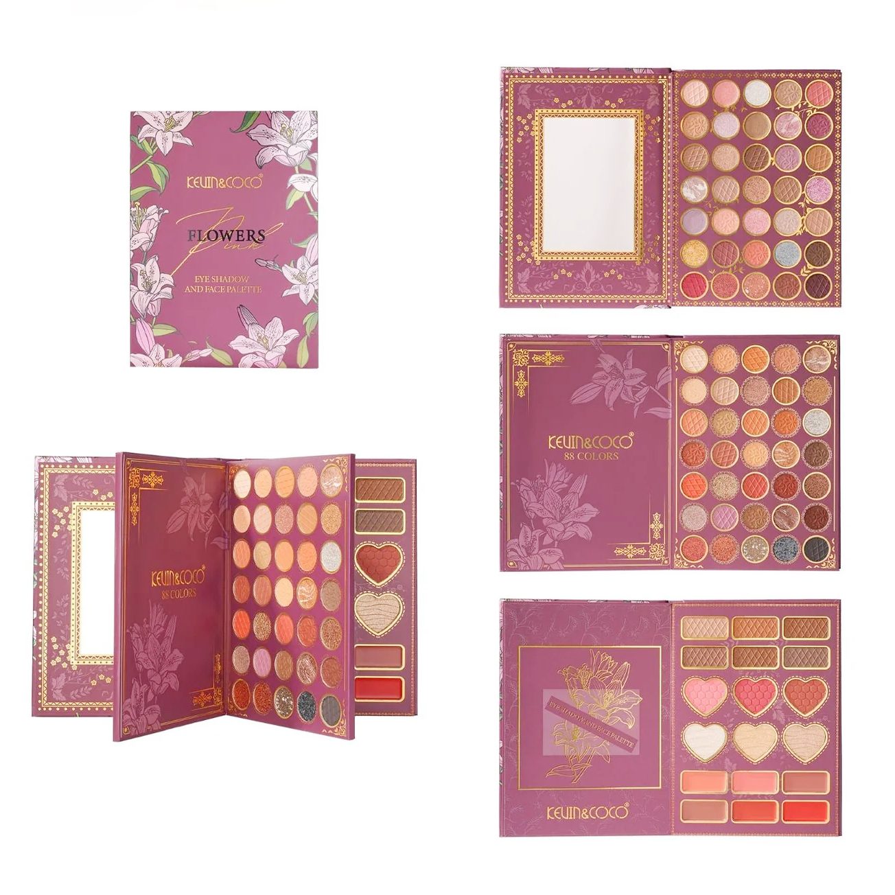 Paleta de Machiaj tip Carte, Kevin&Coco, Model Flowers, 82 Nuante, Paleta All-in-One, Farduri, Blush si Iluminatoare, 16.3x22.4x2.5 cm, Multicolor