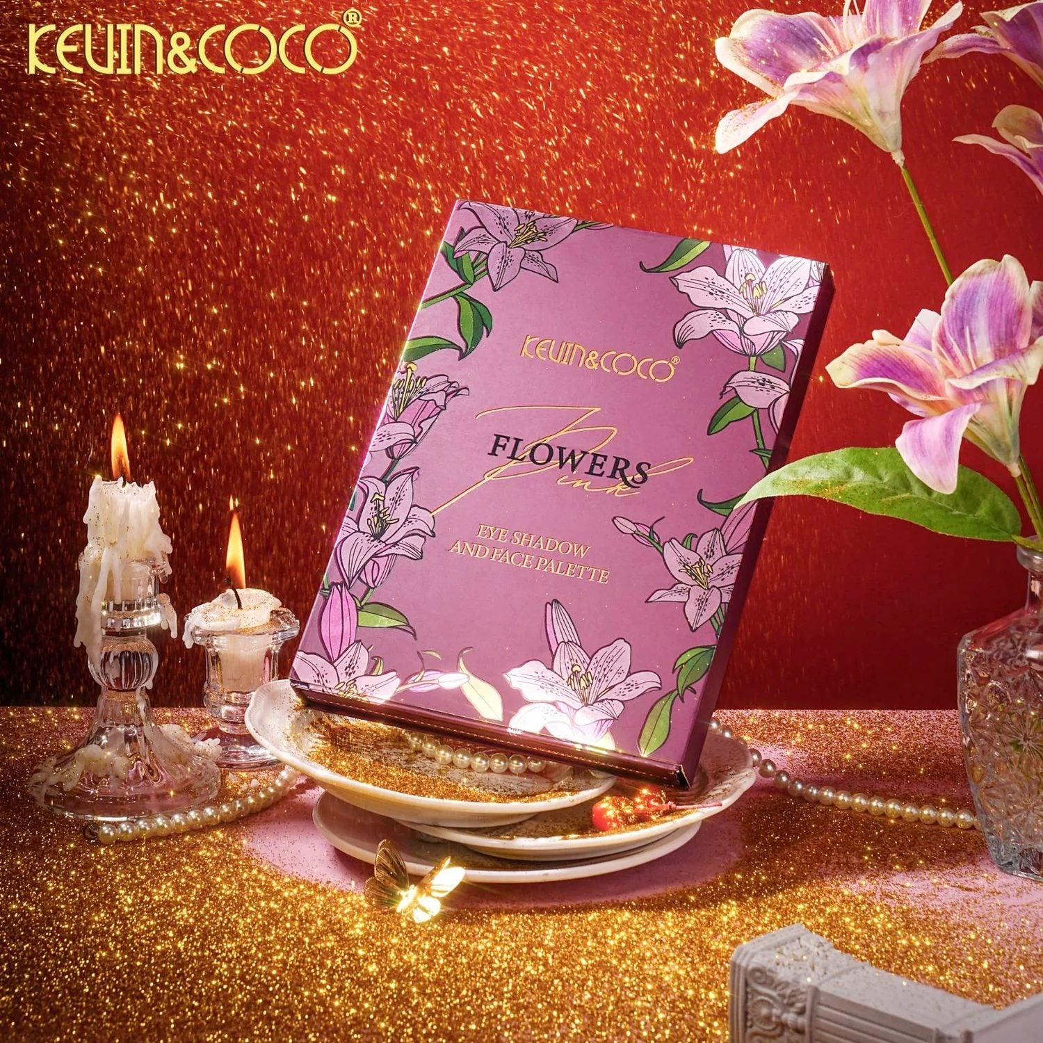 Paleta de Machiaj tip Carte, Kevin&Coco, Model Flowers, 82 Nuante, Paleta All-in-One, Farduri, Blush si Iluminatoare, 16.3x22.4x2.5 cm, Multicolor