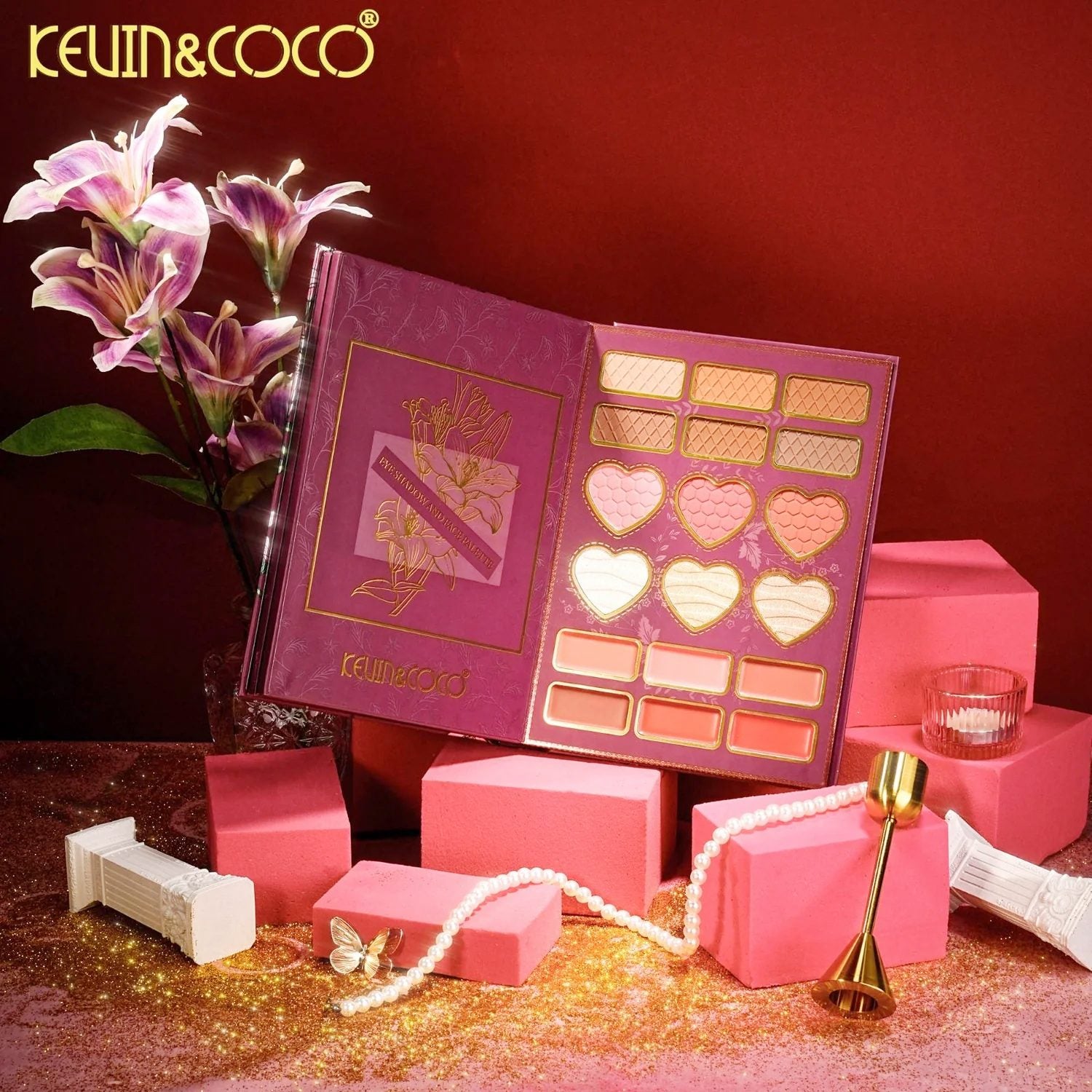 Paleta de Machiaj tip Carte, Kevin&Coco, Model Flowers, 82 Nuante, Paleta All-in-One, Farduri, Blush si Iluminatoare, 16.3x22.4x2.5 cm, Multicolor