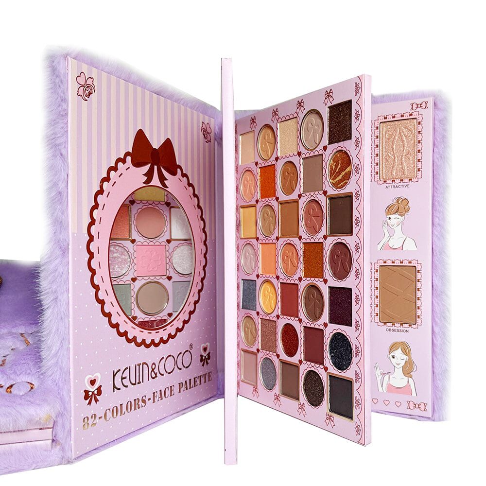 Paleta de Machiaj Tip Carte KEVIN & COCO, Model Purple Plush Bow Palette, 82 Culori, Trusa Completa pentru Ochi si Fata, Farduri, Blush, Iluminator si Contur, Design Catifelat cu Fundita, 22.8 x 17.4 x 4.6 cm, Roz