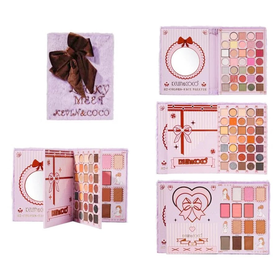 Paleta de Machiaj Tip Carte KEVIN & COCO, Model Purple Plush Bow Palette, 82 Culori, Trusa Completa pentru Ochi si Fata, Farduri, Blush, Iluminator si Contur, Design Catifelat cu Fundita, 22.8 x 17.4 x 4.6 cm, Roz