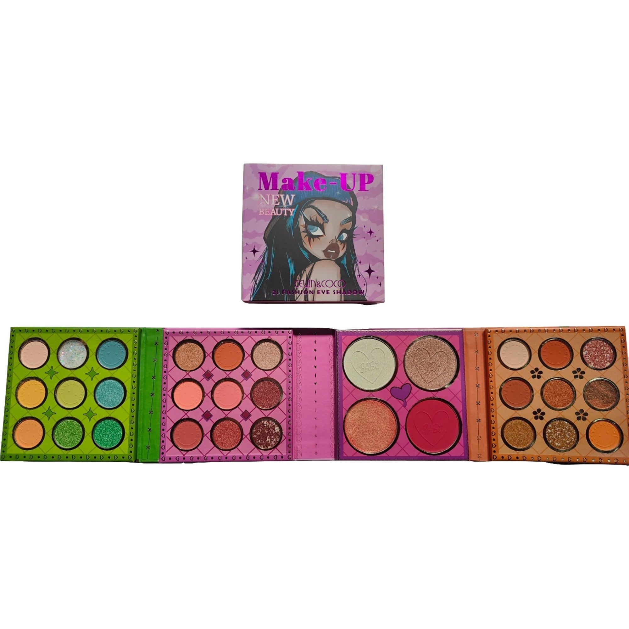 Paleta Farduri Kevin&Coco, 31 Culori, Farduri Mate si Sidefate, Blush si Iluminator Inclus, Patrata, 250 g, 11.3 x 11.3 x 3.2 cm, Valabilitate 3 Ani, Multicolor