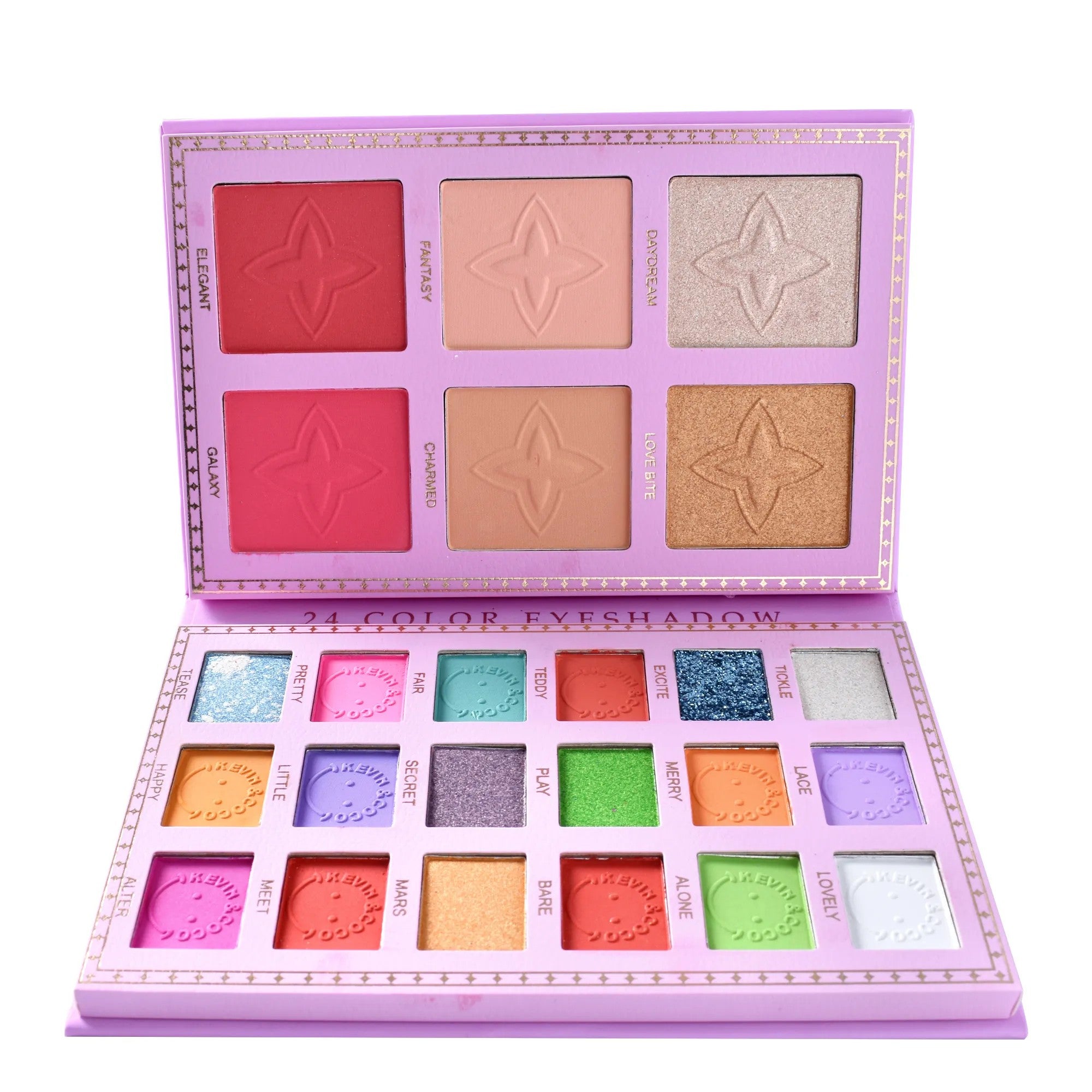 Paleta Farduri Kevin&Coco, Tip Carte, 24 Culori, Iluminator si Blush Inclus, Dreptunghiulara, 210 g, 16.2 x 10.8 x 2.2 cm, Valabilitate 3 Ani, Multicolor