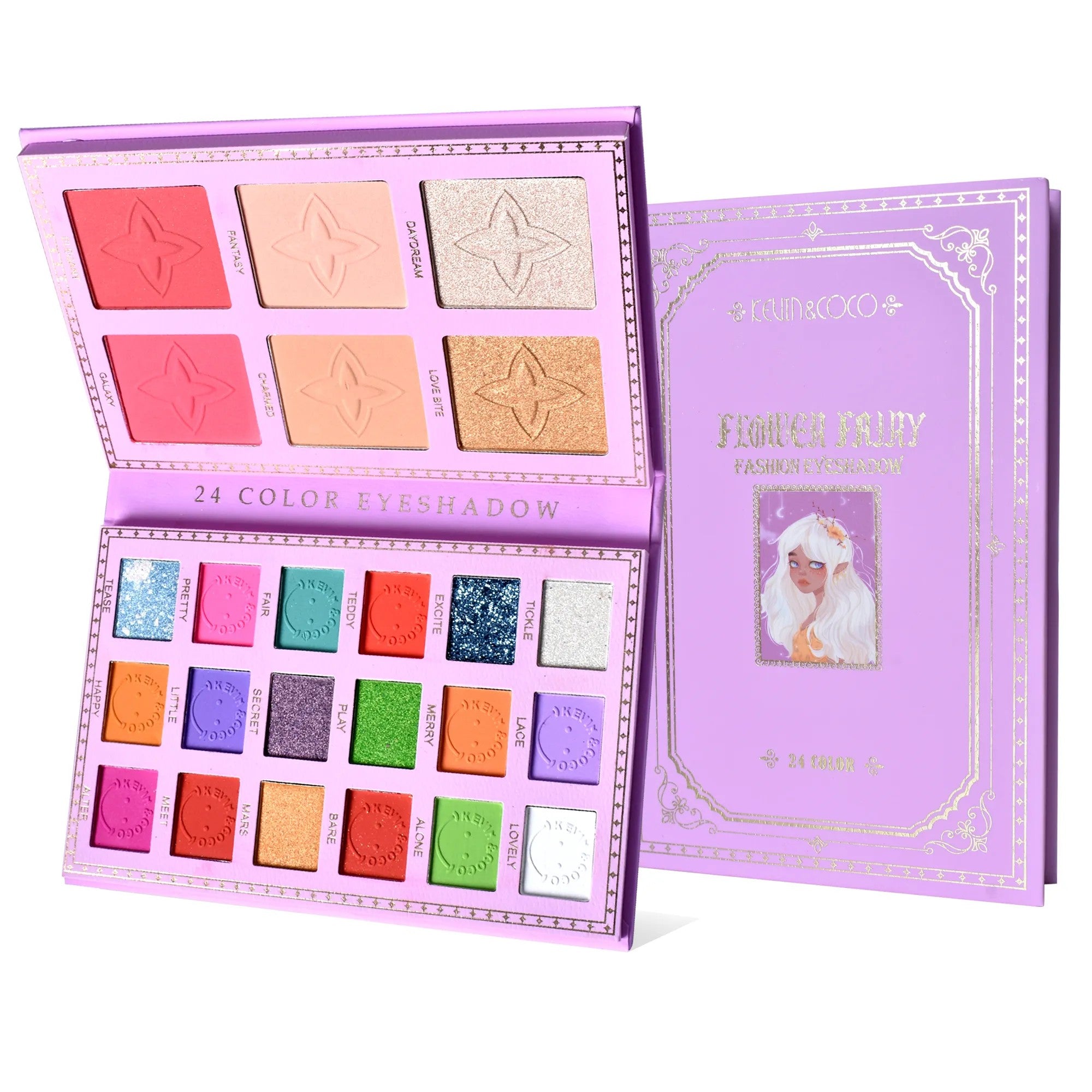 Paleta Farduri Kevin&Coco, Tip Carte, 24 Culori, Iluminator si Blush Inclus, Dreptunghiulara, 210 g, 16.2 x 10.8 x 2.2 cm, Valabilitate 3 Ani, Multicolor