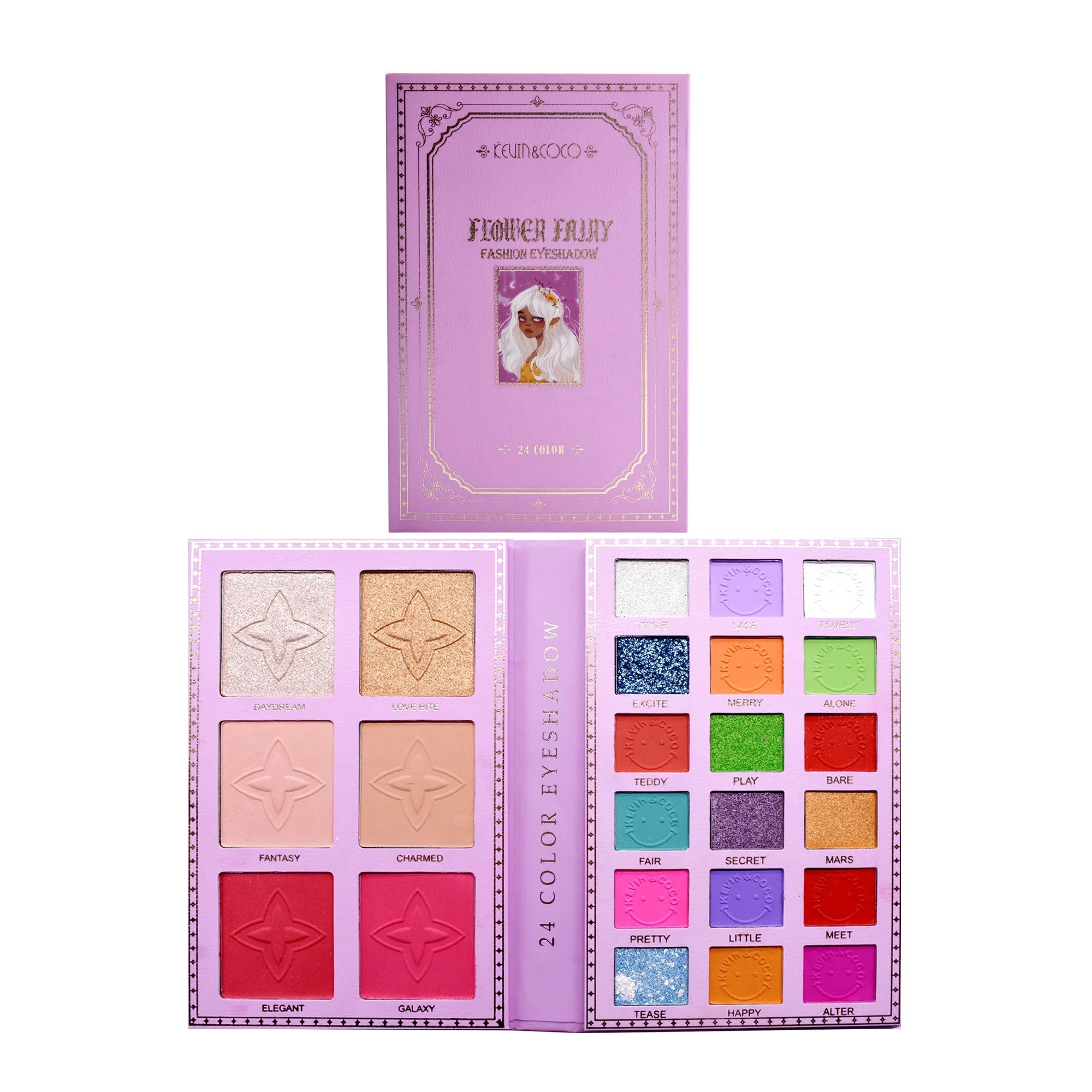 Paleta Farduri Kevin&Coco, Tip Carte, 24 Culori, Iluminator si Blush Inclus, Dreptunghiulara, 210 g, 16.2 x 10.8 x 2.2 cm, Valabilitate 3 Ani, Multicolor