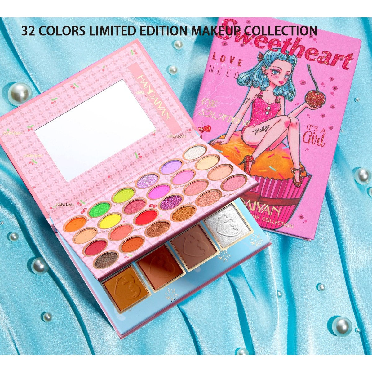 Trusa de machiaj, paleta de farduri , iluminator si blush Sweetheart cu 32 de culori pigmentate