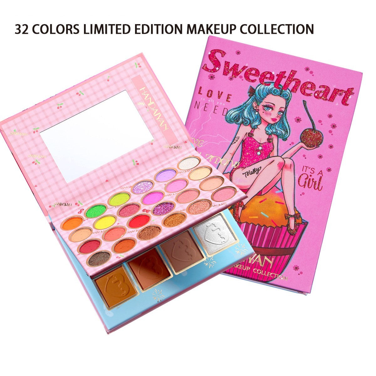 Trusa de machiaj, paleta de farduri , iluminator si blush Sweetheart cu 32 de culori pigmentate