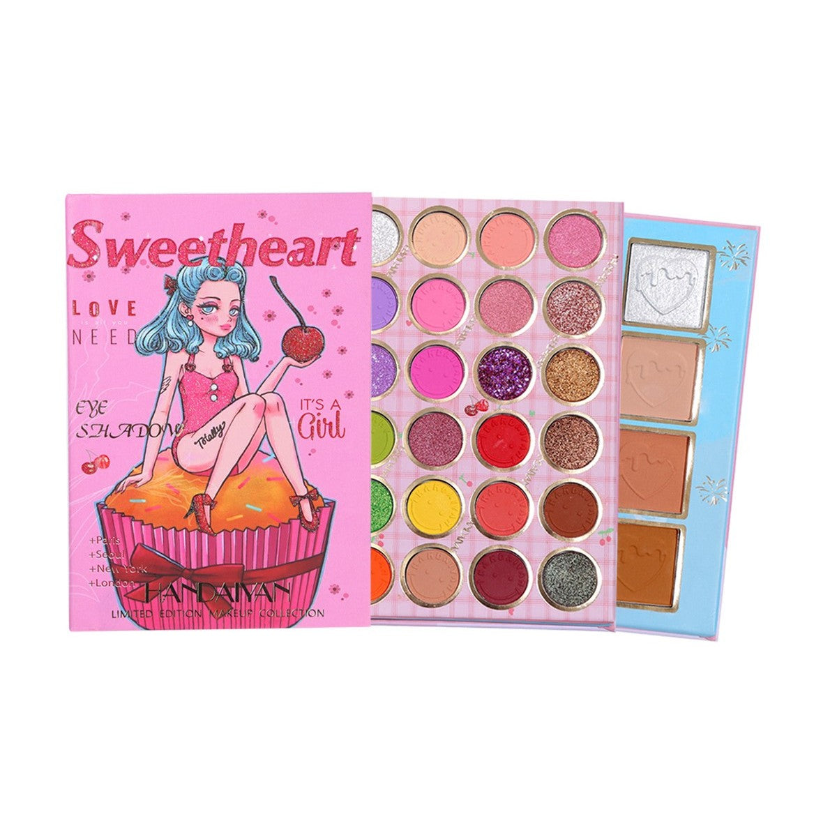 Trusa de machiaj, paleta de farduri , iluminator si blush Sweetheart cu 32 de culori pigmentate