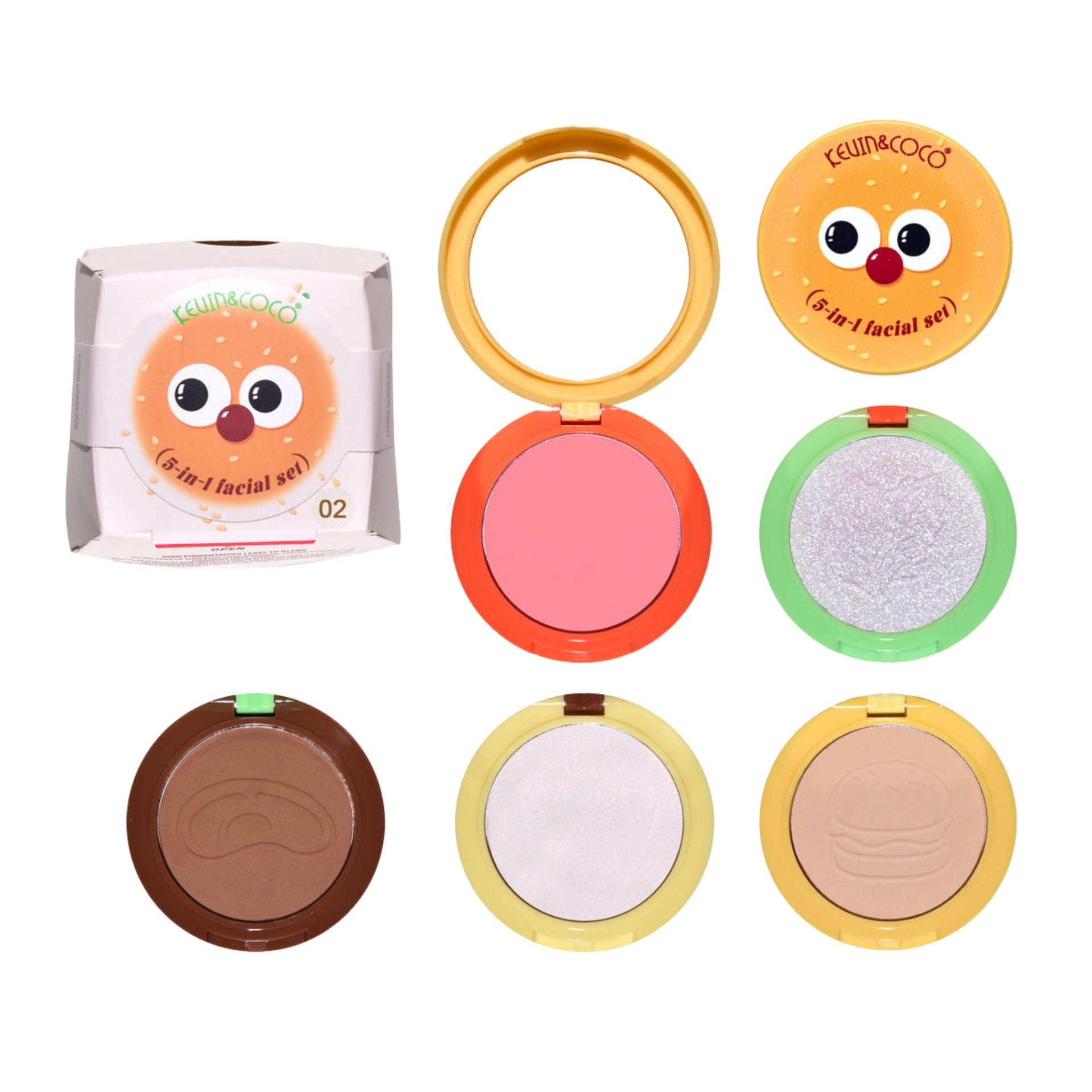 Paleta Multifunctionala, Kevin&Coco, Model Burger, Set Machiaj 5 in 1, Blush, Iluminator, Contur, Pudra, Design Compact, 122 g, 8.7 x 8.7 x 6 cm, Nuanta 02